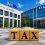 Ξύλινα γράμματα TAX μπροστά από το Υπουργείο Οικονομικών και την ΑΑΔΕ για το σεμινάριο ΦΠΑ Α3.