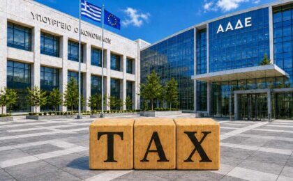 Ξύλινα γράμματα TAX μπροστά από το Υπουργείο Οικονομικών και την ΑΑΔΕ για το σεμινάριο ΦΠΑ Α3.
