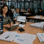 Σύγχρονο λογιστικό γραφείο με εκπαιδευόμενη, απλογραφικά βιβλία και πραγματικά παραστατικά του σεμιναρίου Α4.